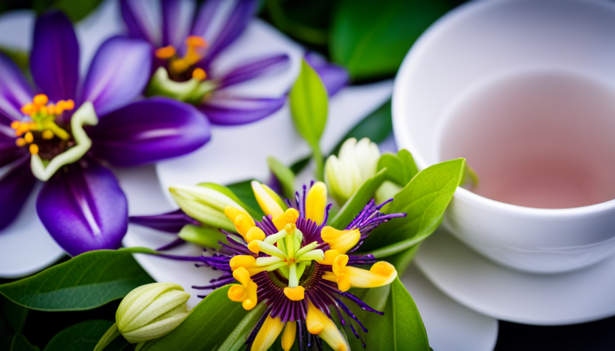 An image showcasing a vibrant, blooming passion flower vine intertwined with delicate tea leaves