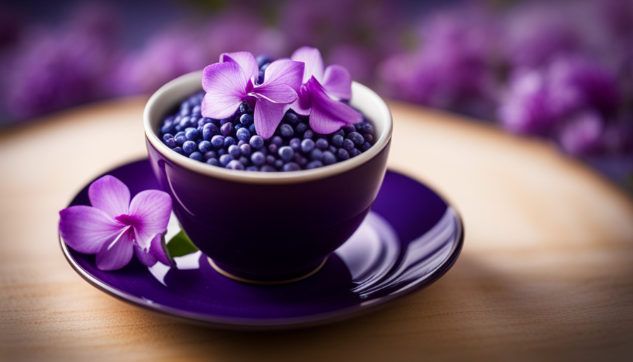 An image showcasing a vibrant, steaming cup of pea flower tea, radiating a mesmerizing deep blue hue