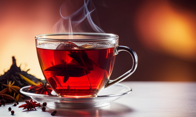 An image showcasing a steaming cup of vibrant red Rooibos tea and a golden Honeybush tea, surrounded by an array of fresh herbs and spices