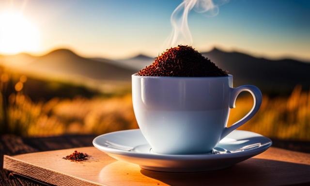 An image showcasing a steaming cup of vibrant red Rooibos herbal tea