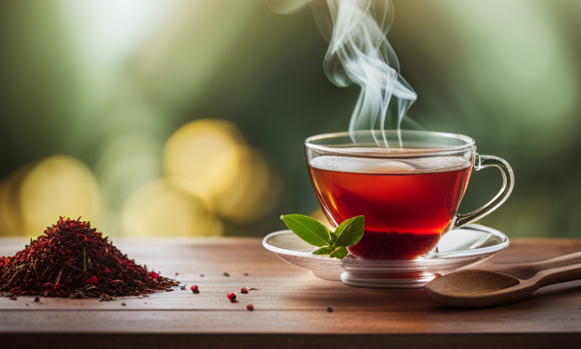 An image showcasing a steaming cup of velvety red Rooibos tea, gently infused with fragrant honeybush