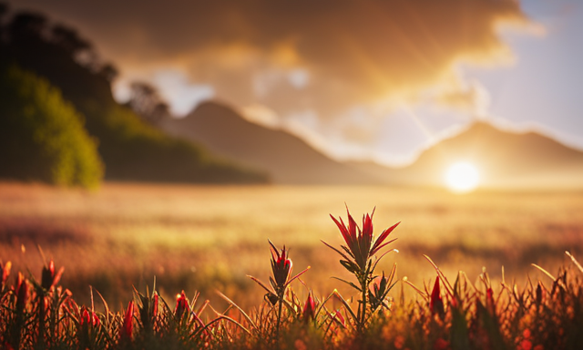 An image showcasing a vibrant Rooibos plant in full bloom, with its needle-like green leaves contrasting against the rich red stems