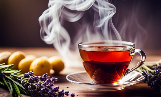 An image showcasing a serene scene of a cup of vibrant red rooibos tea, steam gently rising, surrounded by fresh sprigs of chamomile and lavender, evoking a sense of relaxation, wellness, and natural healing