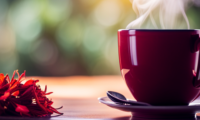 An image that captures the warm hues of a cup of steaming rooibos tea, adorned with delicate dried leaves and vibrant red blossoms, evoking a sense of soothing relaxation and highlighting the health benefits of this South African herbal infusion