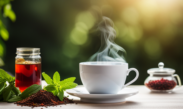 An image displaying a serene afternoon scene, with a cup of vibrant red rooibos tea surrounded by a variety of fresh herbs and fruits