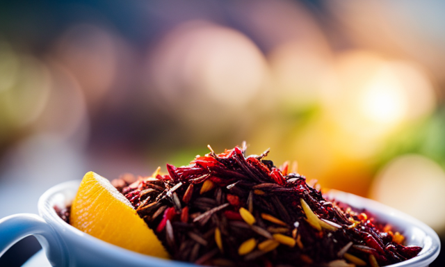 An image displaying a vibrant, steaming cup of rooibos tea, surrounded by a variety of colorful fruits and herbs, evoking a sense of invigorating freshness and highlighting the numerous health benefits of this antioxidant-rich herbal infusion