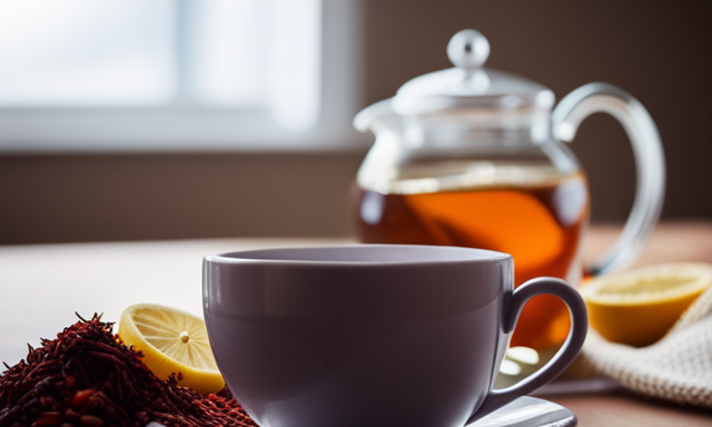 An image showcasing a vibrant cup of rooibos tea, surrounded by fresh, soothing ingredients like chamomile flowers and lemon slices