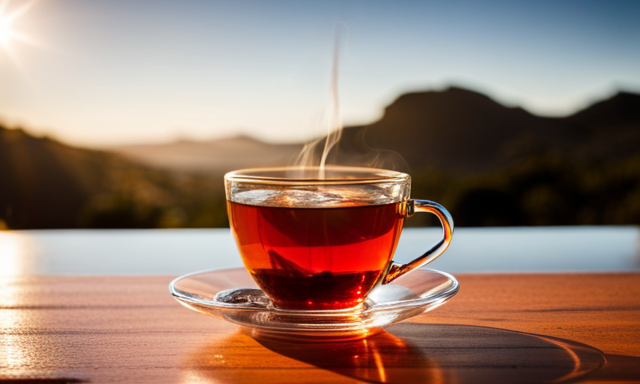 An image showcasing a warm, inviting cup of rooibos tea, with its rich reddish hue radiating against a backdrop of vibrant South African landscapes, capturing the essence of this unique herbal infusion