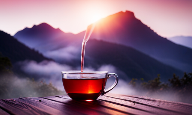 An image showcasing the intricate process of crafting Ruby Oolong tea: an ethereal mountainous landscape with skilled hands plucking the ruby-hued leaves, delicately oxidizing them, and finally, the infusion releasing its mesmerizing aroma