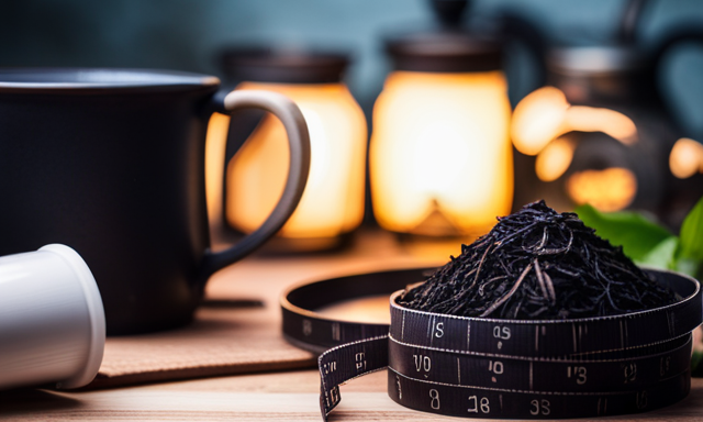 An image of a serene morning scene with a soft sunrise illuminating a cozy kitchen, where a steamy cup of freshly brewed Oolong tea sits on a rustic wooden table, surrounded by fresh fruits and a tape measure