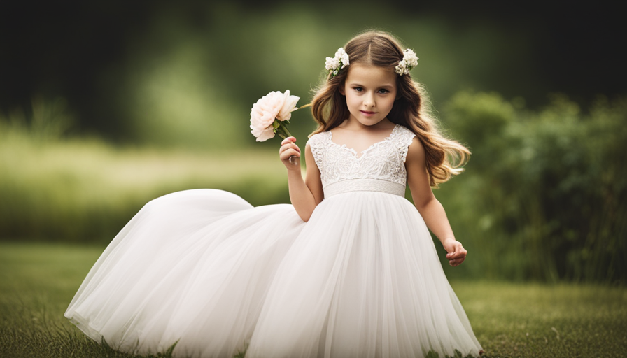 An image showcasing a charming flower girl twirling in a tea-length dress