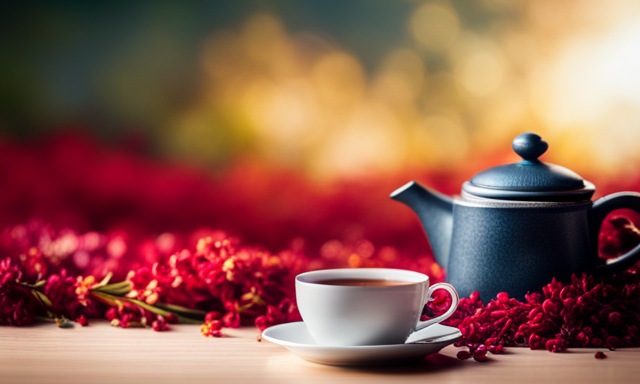 An image showcasing a serene setting with a steaming cup of Rooibos tea surrounded by vibrant red tea leaves and delicate, aromatic flowers, evoking relaxation, health, and vitality