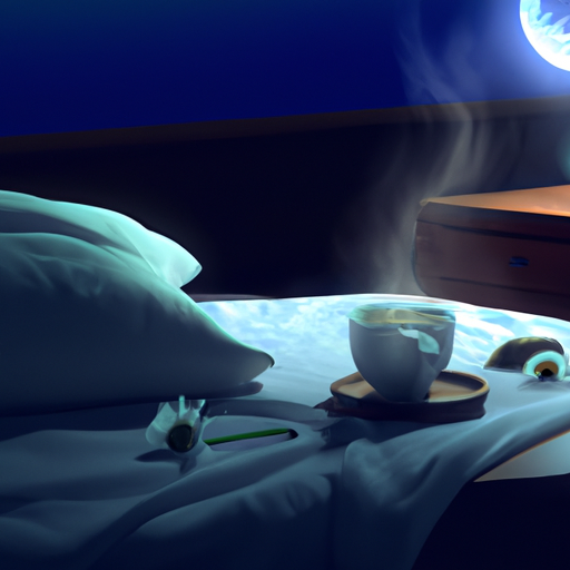 An image capturing a serene moonlit scene with a cozy bedroom setting: a steaming cup of chamomile tea on a bedside table, a soft blanket draped over a comfortable bed, and a tranquil sleep-inducing atmosphere