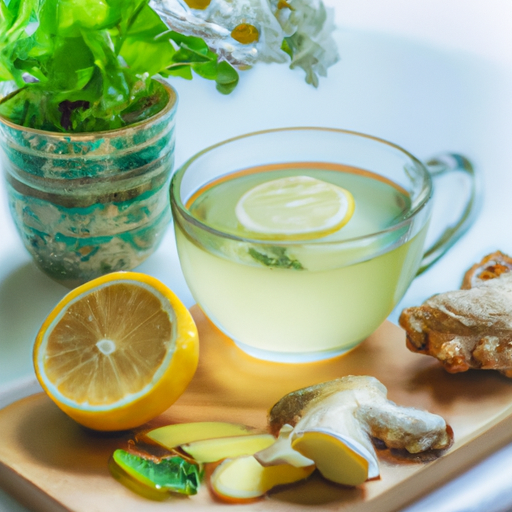 An image showcasing a steaming cup of chamomile tea, delicately infused with soothing mint leaves, ginger slices, and a hint of lemon, perfectly poised to alleviate digestive discomfort and promote a healthy, empty stomach
