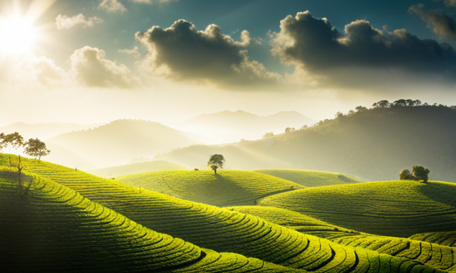 An image of a serene, sunlit tea plantation nestled among rolling hills, showcasing meticulously hand-picked oolong tea leaves