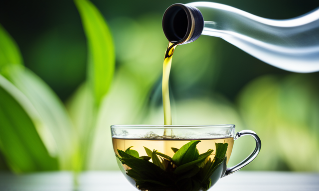 An image showcasing a delicate porcelain teacup filled with steaming golden-hued oolong tea, surrounded by vibrant green tea leaves unfurling in a glass teapot, capturing the essence of the best oolong tea