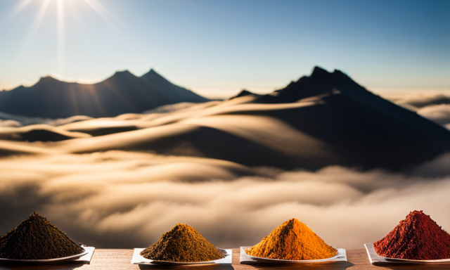 An image showcasing an assortment of premium Rooibos teas in vibrant hues, neatly arranged on a wooden tray