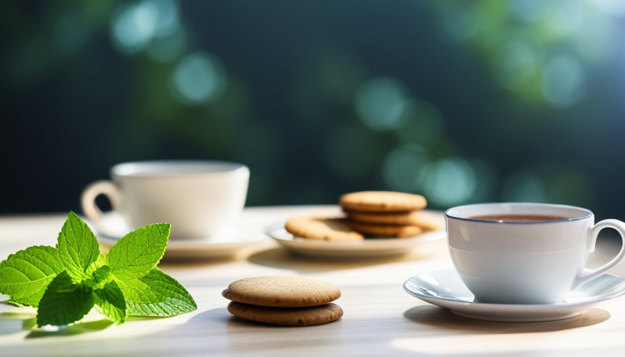 An image showcasing a serene, sunlit room with a cozy armchair, adorned with a delicate porcelain teacup filled with soothing chamomile tea, surrounded by fresh mint leaves and a plate of ginger cookies