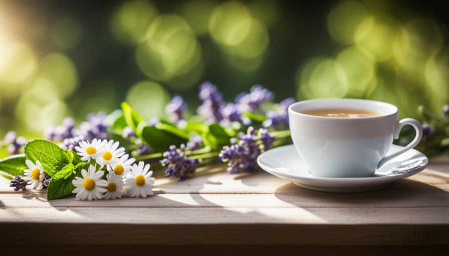 An image showcasing a serene scene of a rustic wooden table adorned with a delicate porcelain teacup filled with soothing chamomile tea, surrounded by vibrant green mint leaves and a sprig of healing lavender