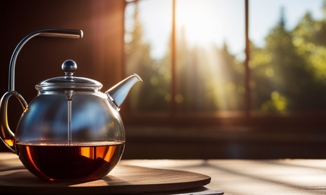 An image showing a serene, sunlit scene with a teapot gently steaming on a wooden table