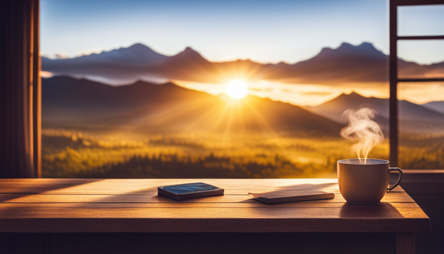 An image showcasing a serene morning scene with a steaming cup of turmeric tea placed on a wooden table next to a window, basking in the warm golden light of sunrise