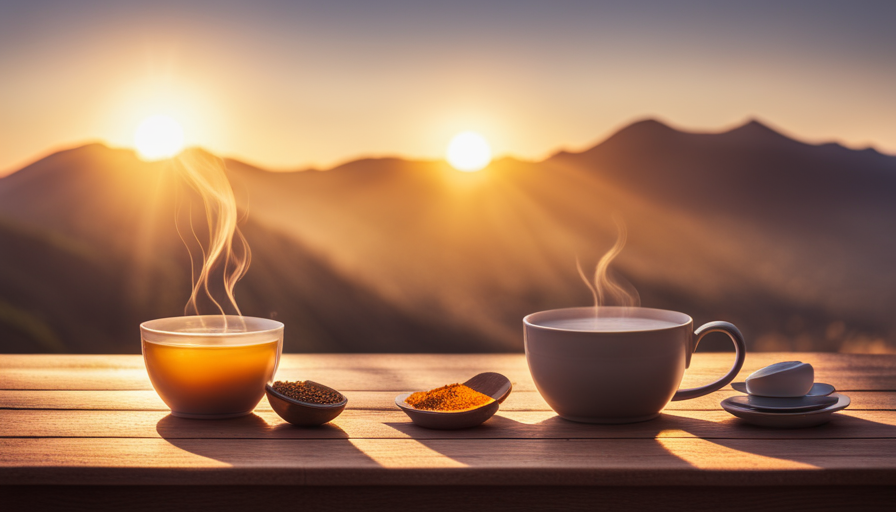 An image showcasing a serene morning scene with a steaming cup of turmeric tea placed on a wooden table next to a window, basking in the warm golden light of sunrise