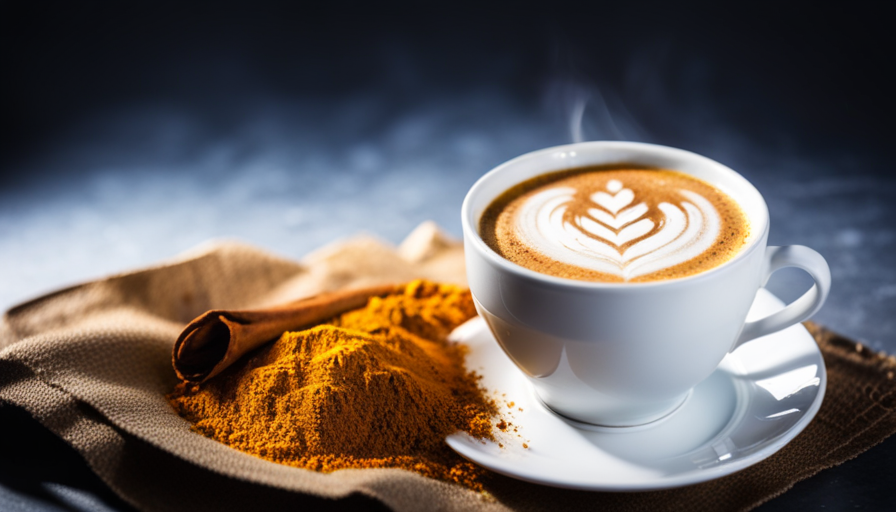 An image showcasing a vibrant golden latte in a cozy mug, topped with frothy milk and a sprinkle of cinnamon