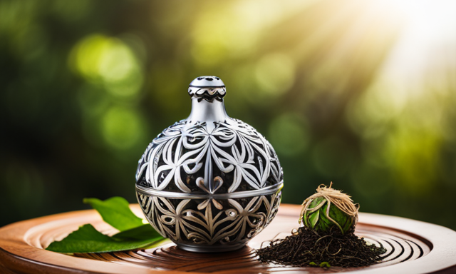 An image showcasing a traditional gourd-shaped yerba mate bulb, beautifully adorned with intricate silver filigree designs, filled to the brim with vibrant green yerba mate leaves, and accompanied by a bombilla straw elegantly placed beside it