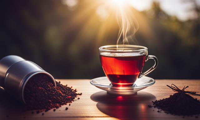 An image showcasing two steaming cups of tea side by side - one filled with aromatic, spiced chai tea, emanating wafts of cinnamon and cloves, while the other holds a rich, vibrant rooibos tea, emitting an earthy fragrance of African red bush leaves