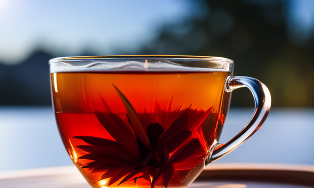 An image showcasing the vibrant red hue of a freshly brewed cup of Rooibos tea, set against a backdrop of a serene African sunset