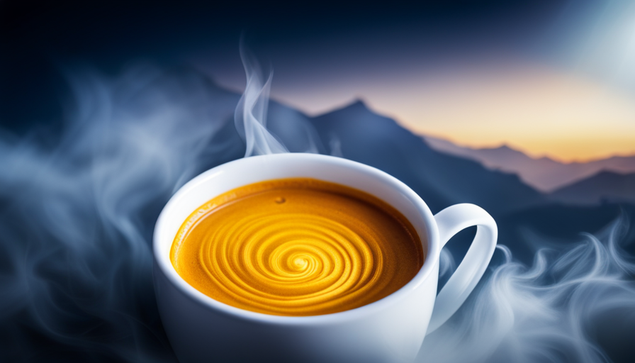 An image showcasing a vibrant, freshly prepared turmeric latte, poured into a delicate ceramic mug, as steam rises gracefully from the golden elixir, inviting the viewer to indulge in the most effective turmeric experience