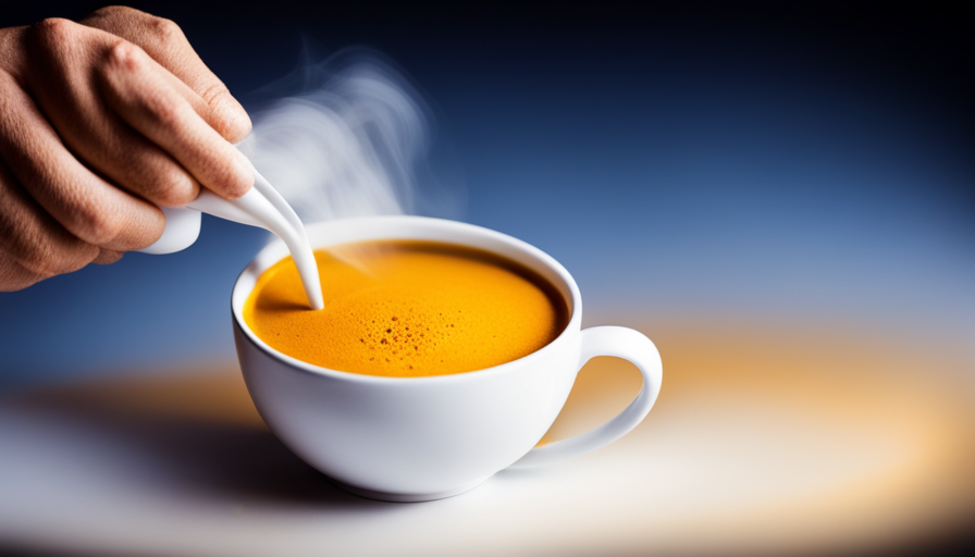 An image showcasing a vibrant, freshly prepared turmeric latte, poured into a delicate ceramic mug, as steam rises gracefully from the golden elixir, inviting the viewer to indulge in the most effective turmeric experience