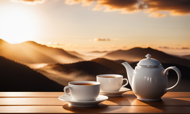 An image showcasing a serene wooden table adorned with three delicate teacups brimming with warm, vibrant rooibos tea