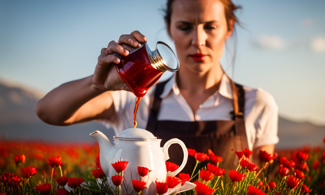 An image showcasing a woman gracefully pouring a vibrant red infusion from a teapot into a delicate porcelain cup, surrounded by a lush field of Rooibos plants, emphasizing the plant's diverse uses