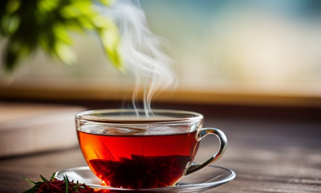 An image showcasing a serene cup of vibrant red Rooibos tea, steam gently rising from the surface