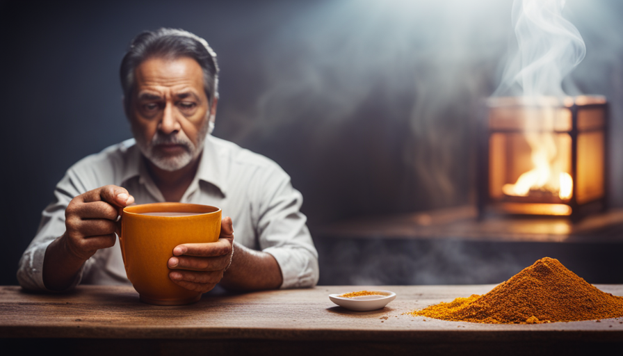 An image showcasing a person holding their stomach in discomfort after drinking turmeric tea