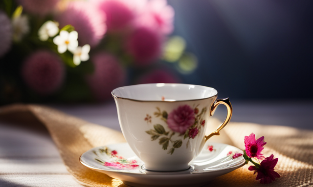 Nt image showcasing a delicate porcelain teacup filled with golden-hued oolong tea, infused with fragrant flowers