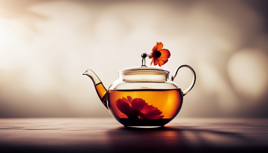 An image showcasing a serene, minimalist teapot pouring a steaming, amber-colored infusion from a single, delicate flower blossom