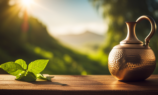 An image showcasing a traditional gourd filled with aromatic, vibrant green Yerba Mate leaves, gently infused by a metallic bombilla