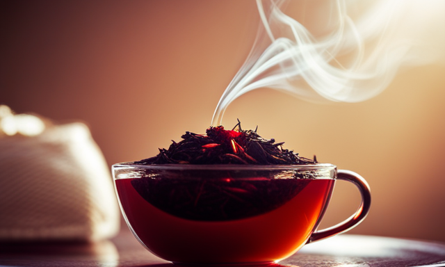 An image showcasing a steaming cup of vanilla rooibos tea, highlighted by warm tones of red and brown