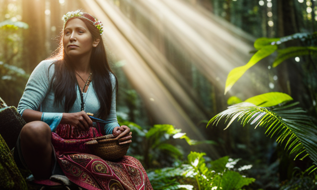 An image showcasing a vibrant, lush South American rainforest, with sunlight streaming through the canopy onto a group of indigenous people enjoying a traditional yerba mate ceremony, highlighting its numerous health benefits