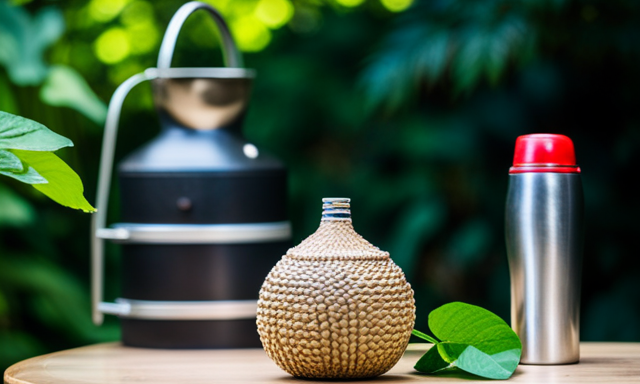 An image showcasing a serene outdoor setting with a straw-filled gourd and a thermos, surrounded by vibrant green leaves and sunlight filtering through the trees, evoking the invigorating and revitalizing qualities of Yerba Mate