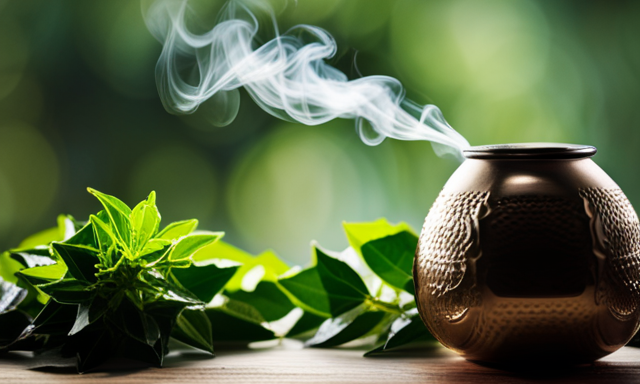 An image showcasing a gourd-like cup filled with vibrant green Yerba Mate herbal tea, surrounded by fresh leaves of the South American holly plant, with steam gracefully rising from the infusion