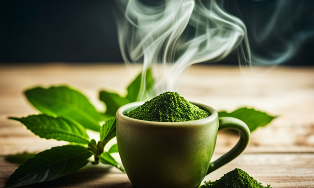 An image showcasing a vibrant green cup filled with frothy yerba mate powder, surrounded by fresh leaves, evoking the invigorating aroma and rich textures of this traditional South American beverage