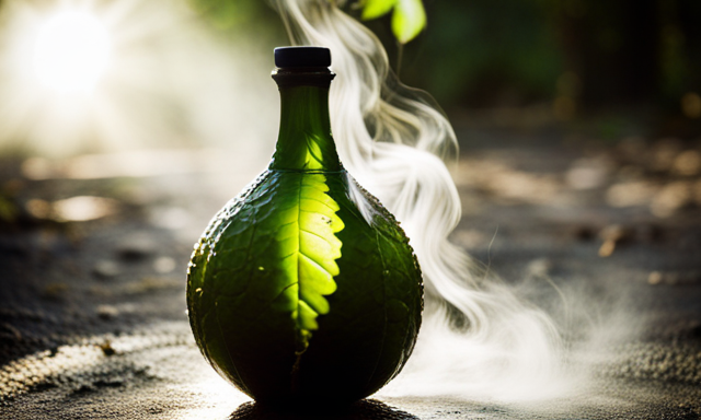 An image showcasing a vibrant gourd filled with fresh, green yerba mate leaves, immersed in steaming water