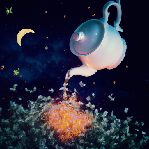 An image featuring a serene night sky adorned with a celestial teapot made of twinkling stars, gently pouring a vibrant blend of celestial herbs into a teacup, surrounded by ethereal moonlit flowers