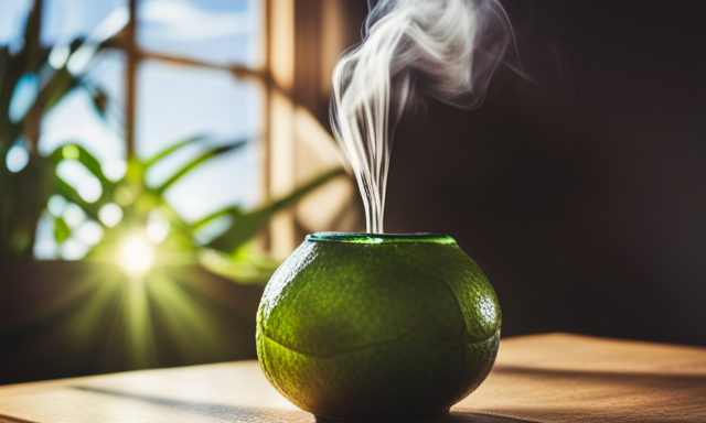 An image showcasing a gourd-shaped yerba mate cup filled with vibrant green liquid