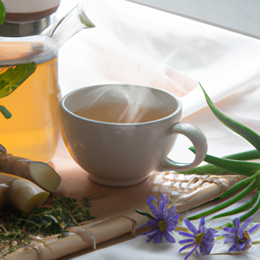 An image displaying a serene, herbal tea scene: A warm cup of chamomile tea gently steaming, surrounded by soothing lavender blossoms and slices of fresh ginger, positioned next to a bottle of aloe vera juice