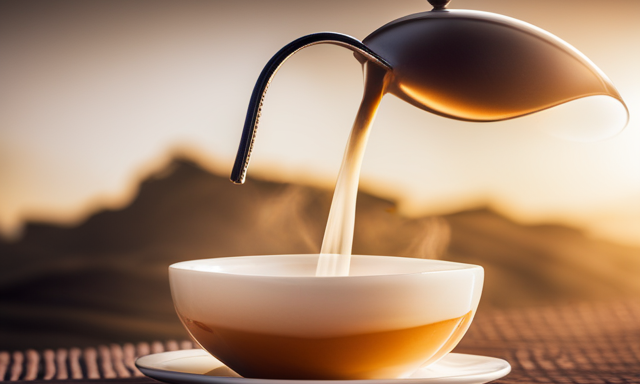 An image featuring a traditional Chinese teapot pouring a steaming cup of amber-colored oolong tea