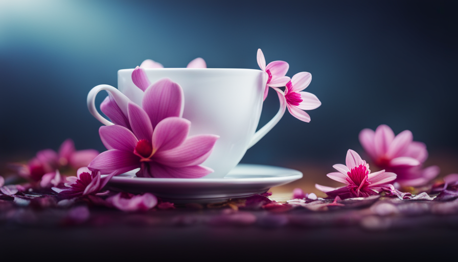 An image showcasing a delicate porcelain teacup, adorned with vibrant petals of various flowers, gently bruised to release their essence into a steaming brew